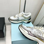 CHANEL - Fabric Laminated Calfskin Stretch CC Sneakers 38 White Gold Silver
