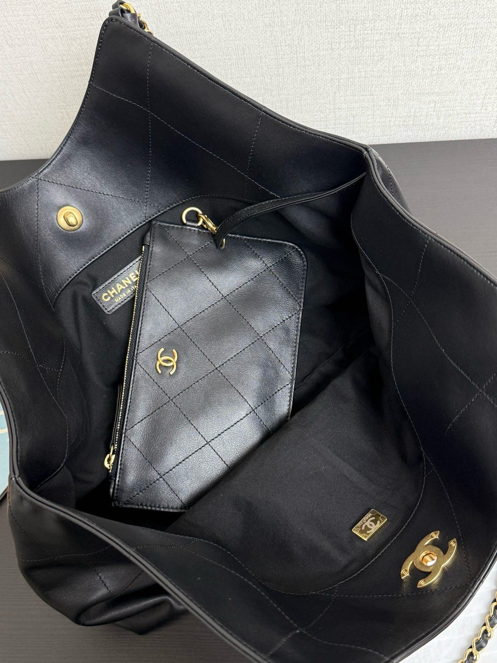 CHANEL - Shopping Bag Black Calfskin Antique Gold Hardware