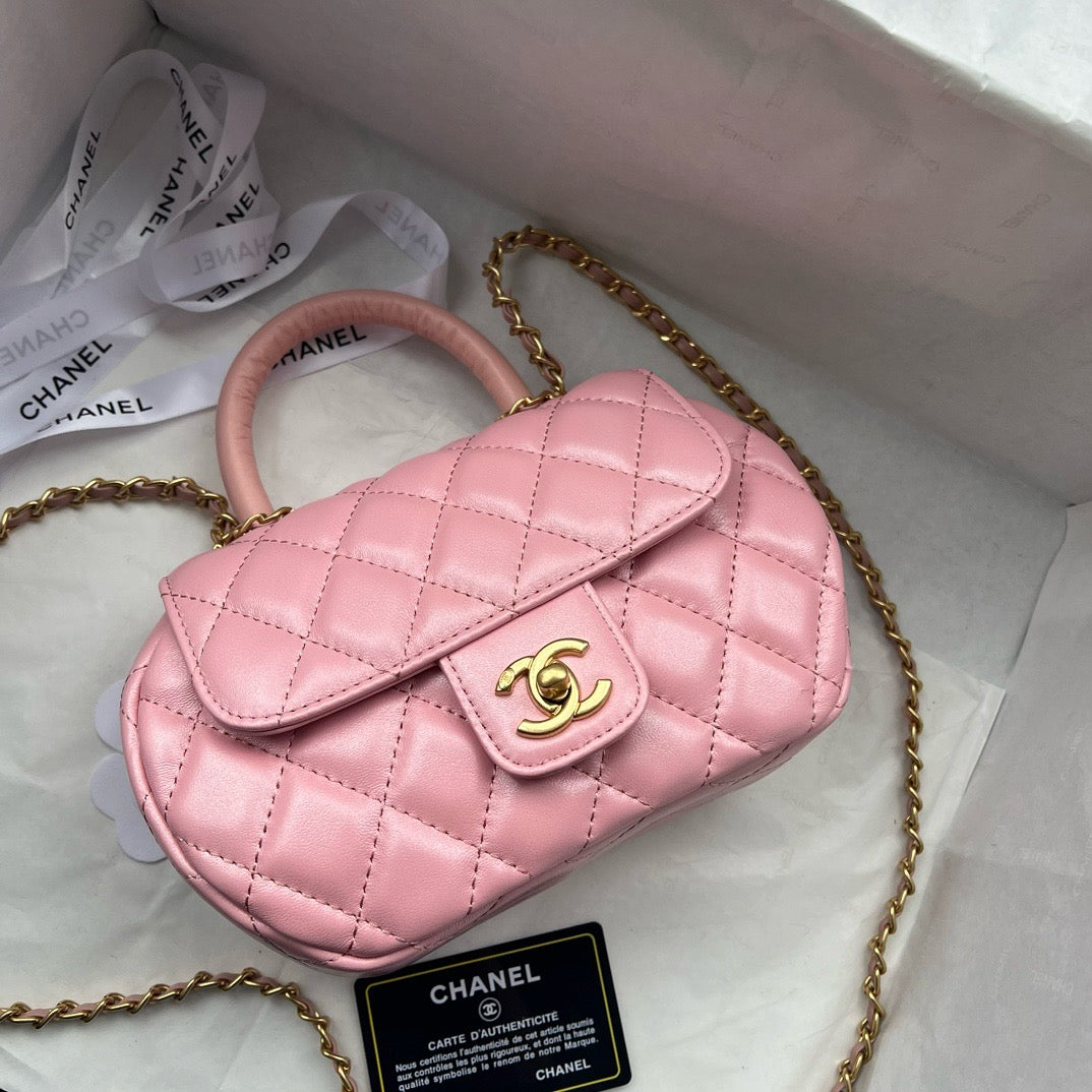 CHANEL - Lambskin Quilted Mini Top Handle Rectangular Flap Pink