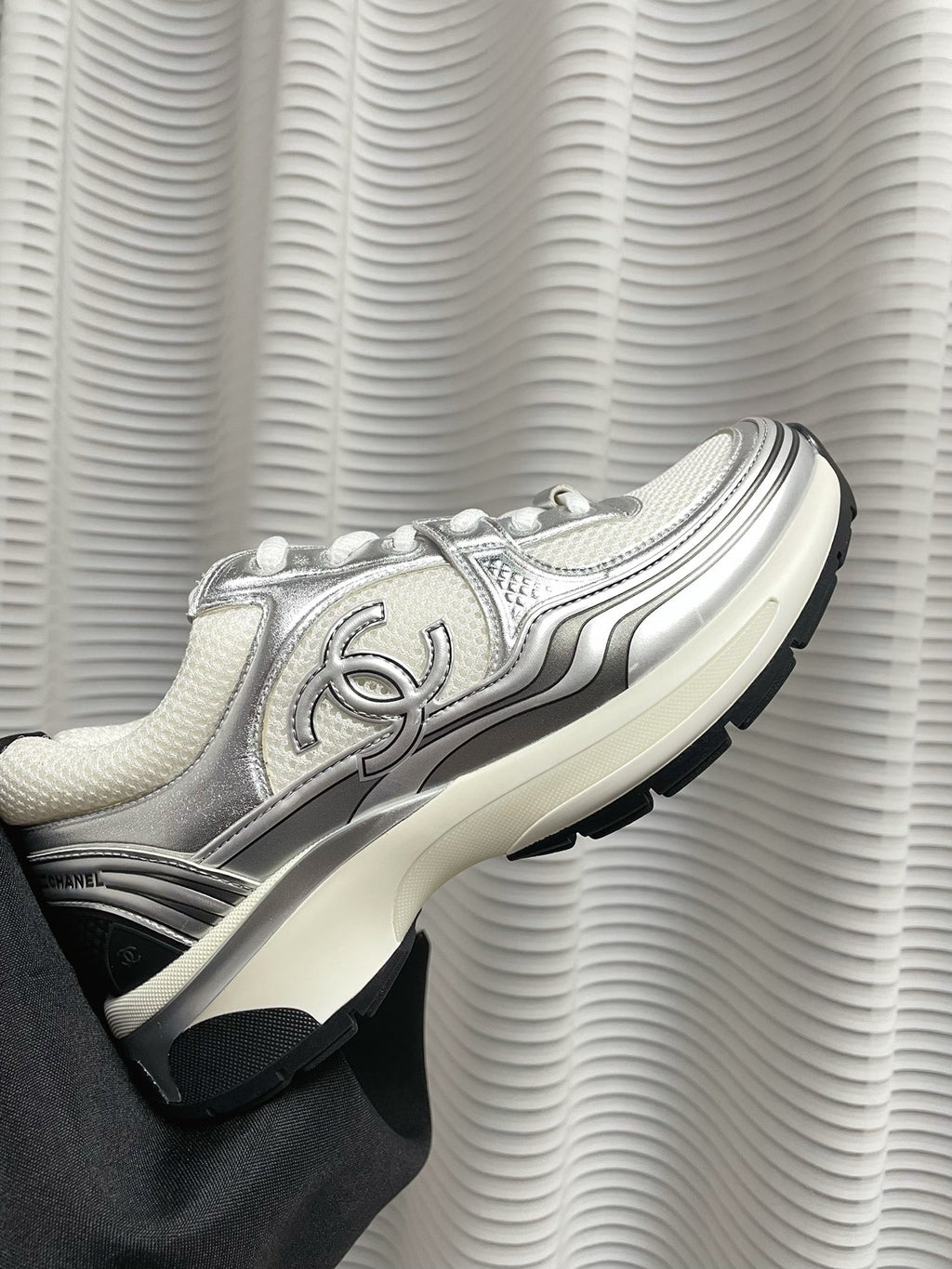 CHANEL - Fabric Laminated Calfskin Stretch CC Sneakers 38 White Silver