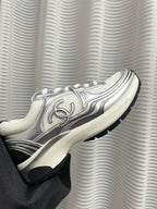 CHANEL - Fabric Laminated Calfskin Stretch CC Sneakers 38 White Silver