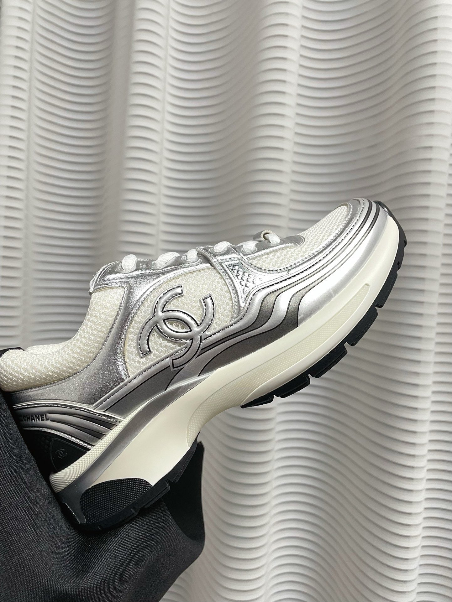 CHANEL - Fabric Laminated Calfskin Stretch CC Sneakers 38 White Silver