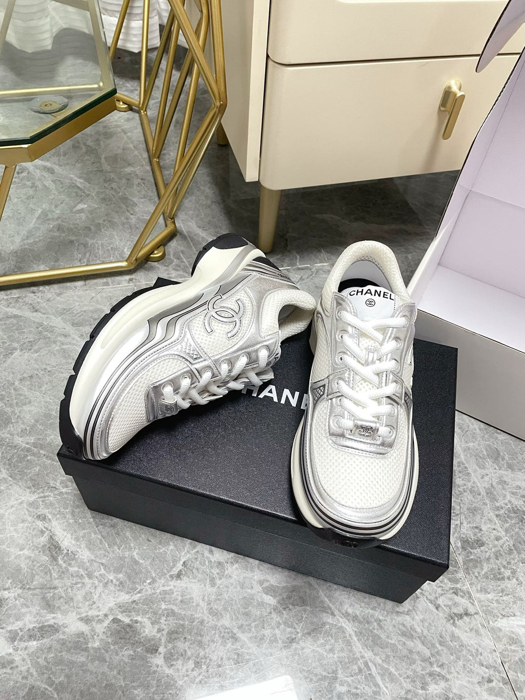 CHANEL - Fabric Laminated Calfskin Stretch CC Sneakers 38 White Silver