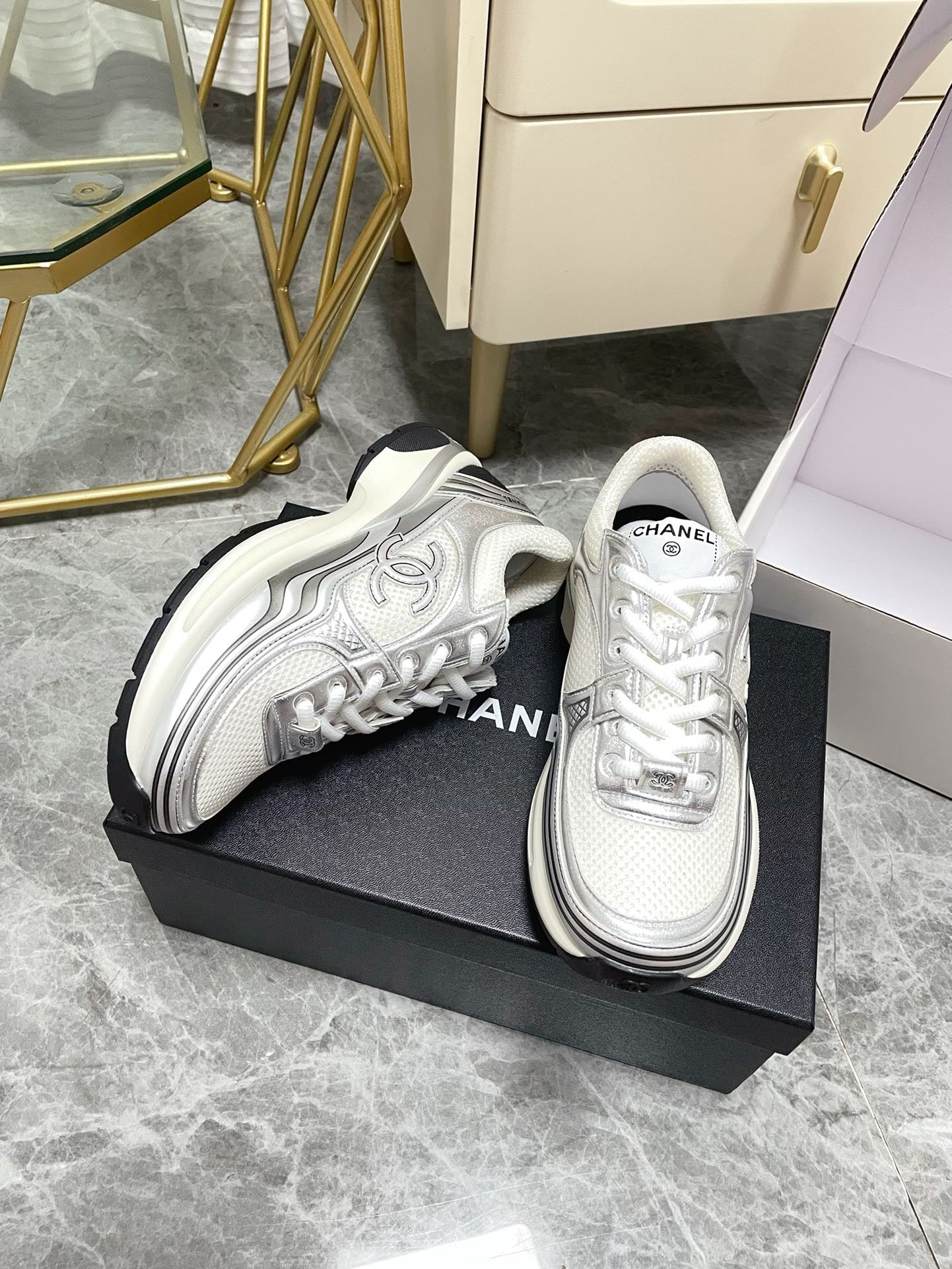 CHANEL - Fabric Laminated Calfskin Stretch CC Sneakers 38 White Silver
