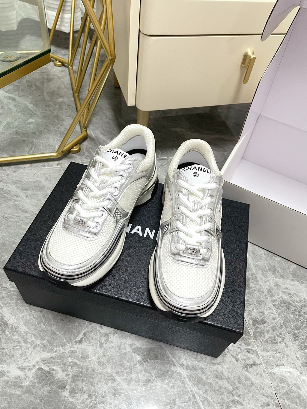 CHANEL - Fabric Laminated Calfskin Stretch CC Sneakers 38 White Silver