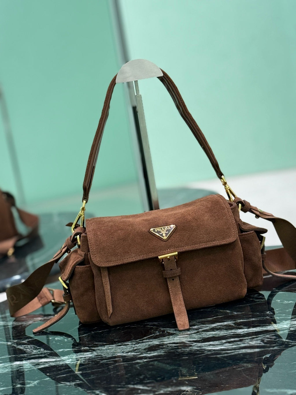 PRADA - Explore medium suede shoulder bag with flap