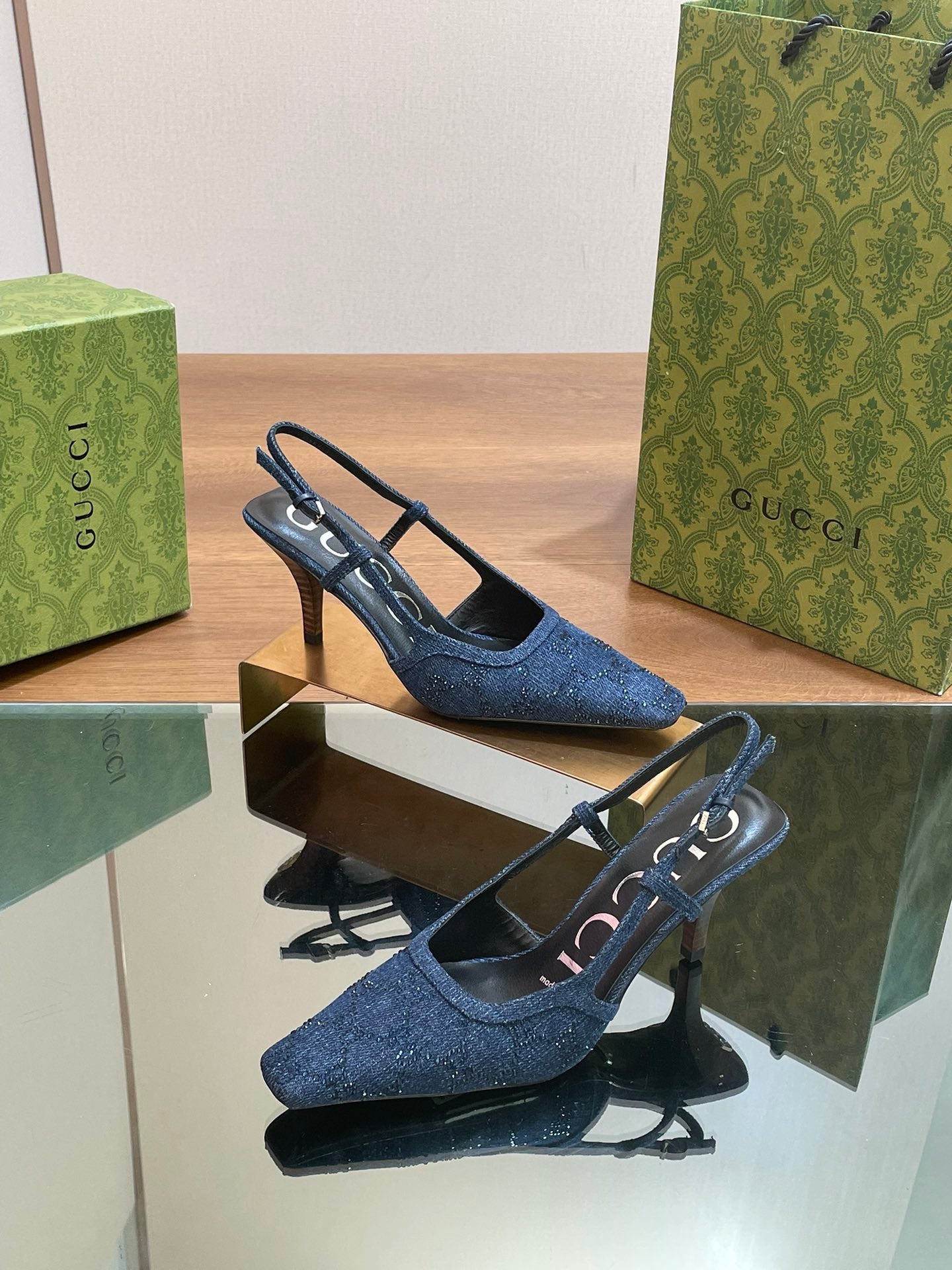 GUCCI - Denim Slingback Kitten Heel Pumps