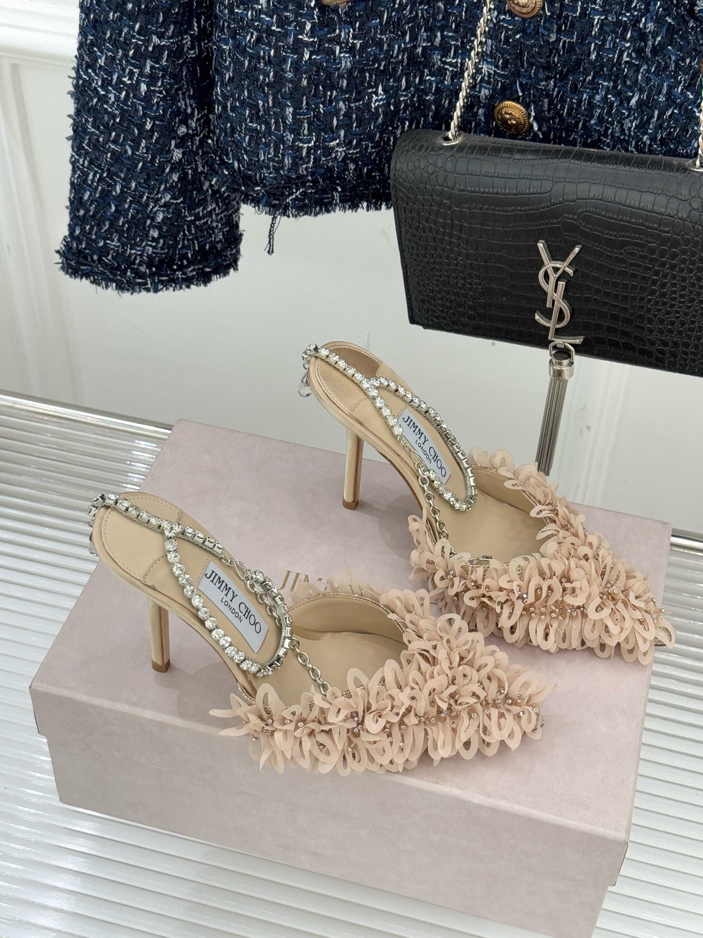 JIMMY CHOO - Mesh Pumps with Petal Embroidery and Crystal Chain