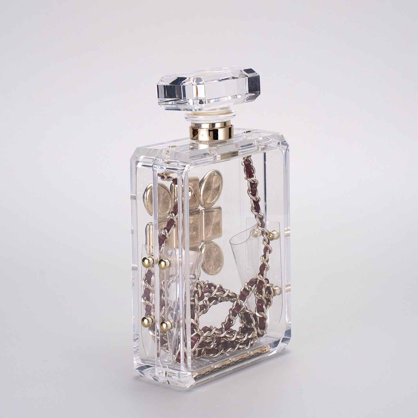 CHANEL - Chanel Clear/Gold Plexiglass Perfume Bottle Evening Bag