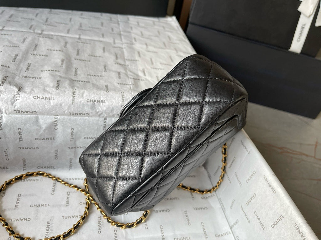 CHANE - 24K Black Lambskin Pearl Crush Rectangular Mini Classic Flap