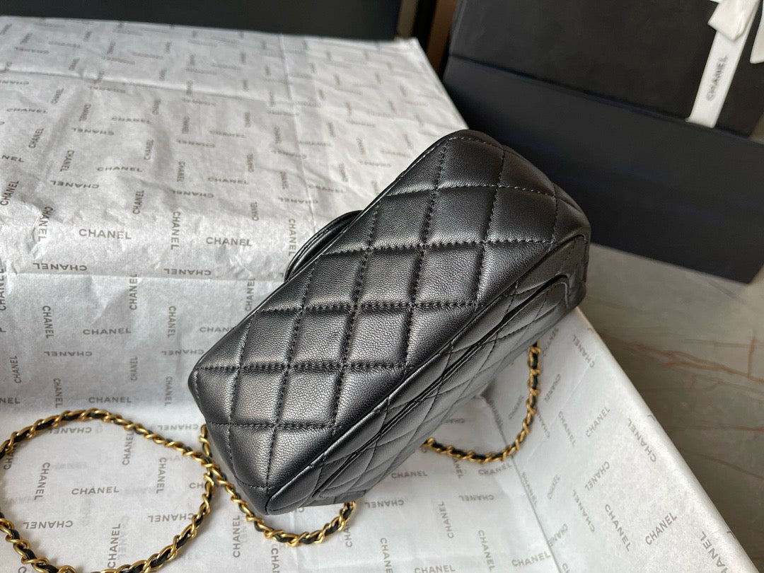 CHANE - 24K Black Lambskin Pearl Crush Rectangular Mini Classic Flap
