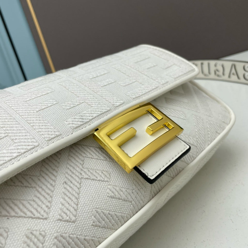 FENDI - Extra Baby white FF Cotton Canvas Medium Baguette Bag