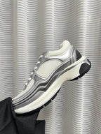 CHANEL - Fabric Laminated Calfskin Stretch CC Sneakers 38 White Silver