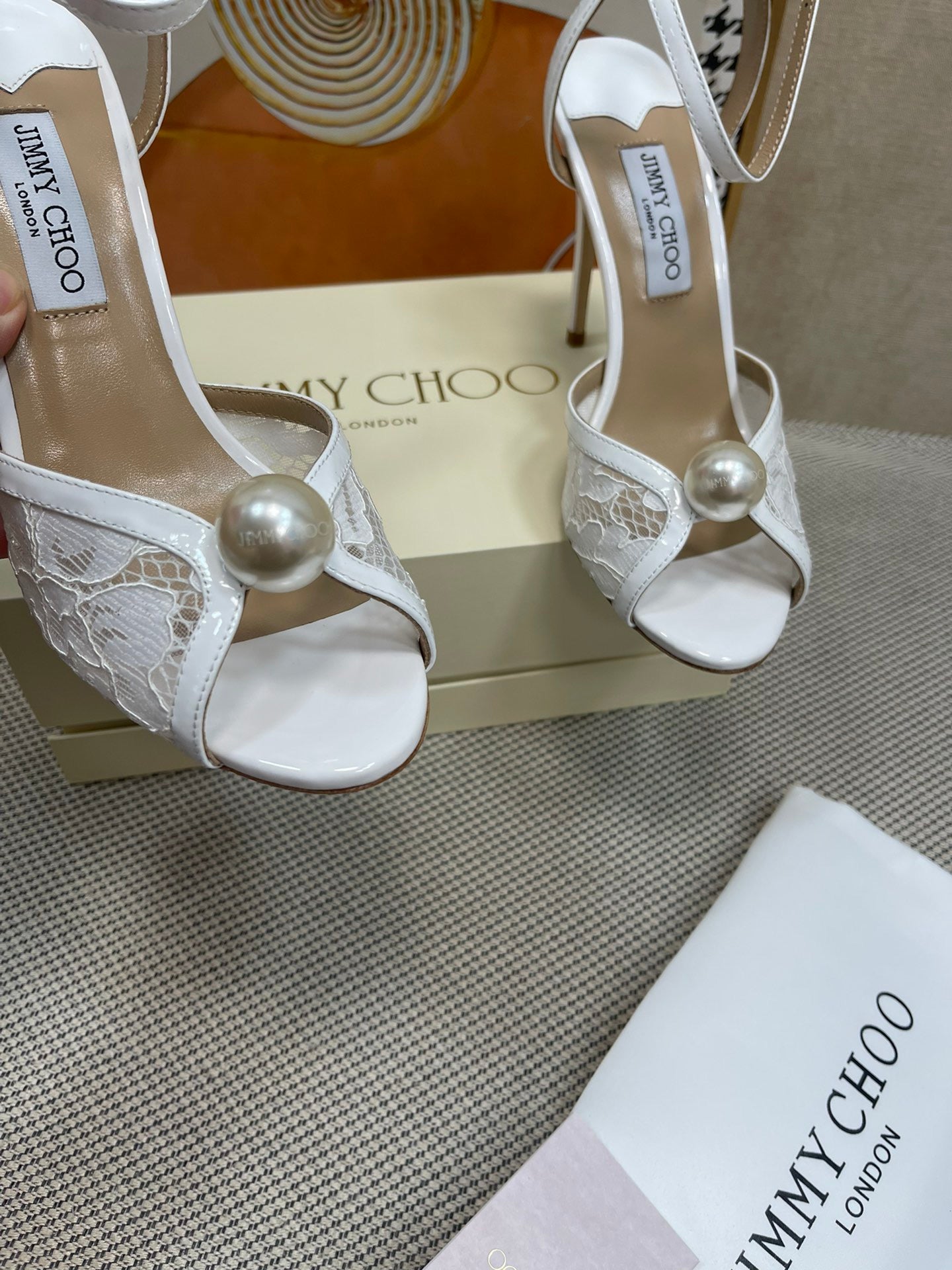 JIMMY CHOO - Ivory Floral Lace Sandals with Pearl