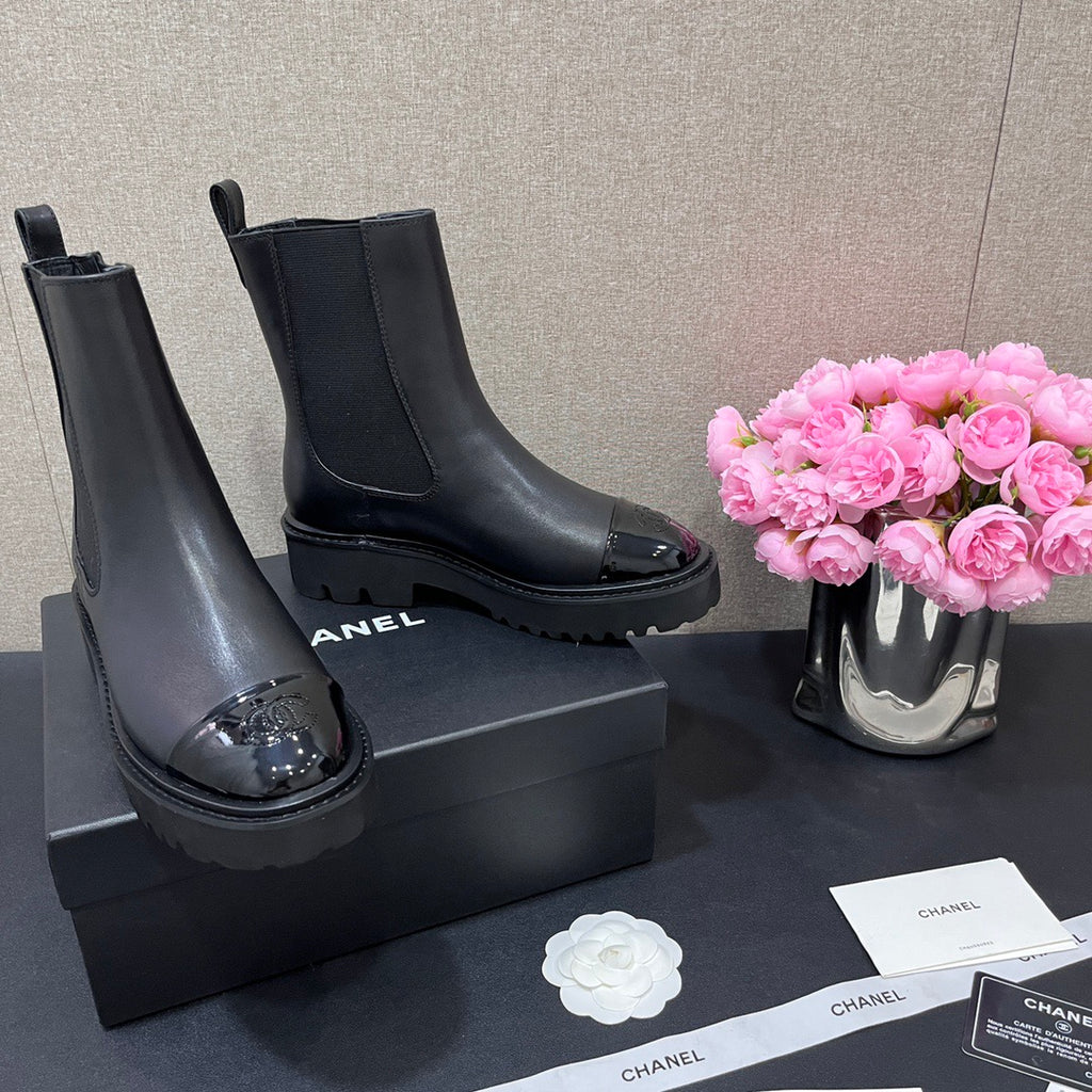 CHANEL - Crumpled Calfskin Patent Cap Toe Short Boots