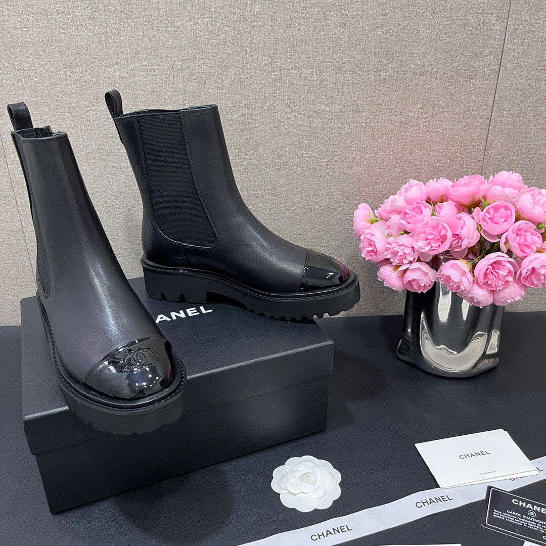 CHANEL - Crumpled Calfskin Patent Cap Toe Short Boots