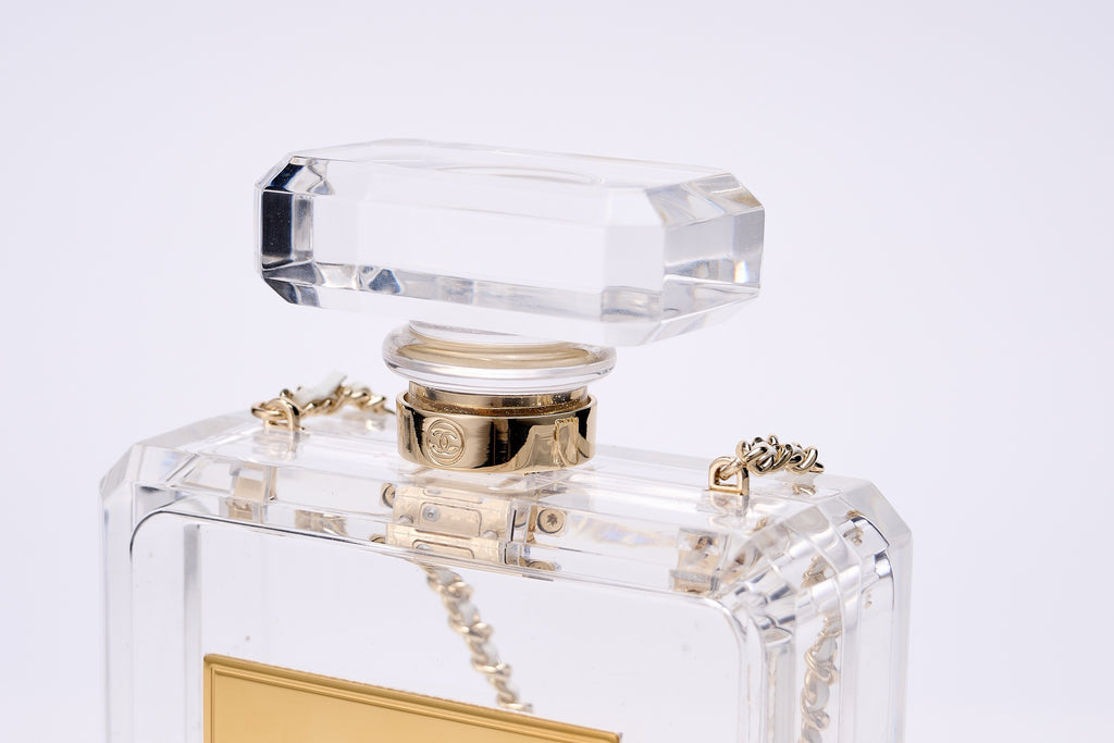 CHANEL - Chanel Clear/Gold Plexiglass Perfume Bottle Evening Bag