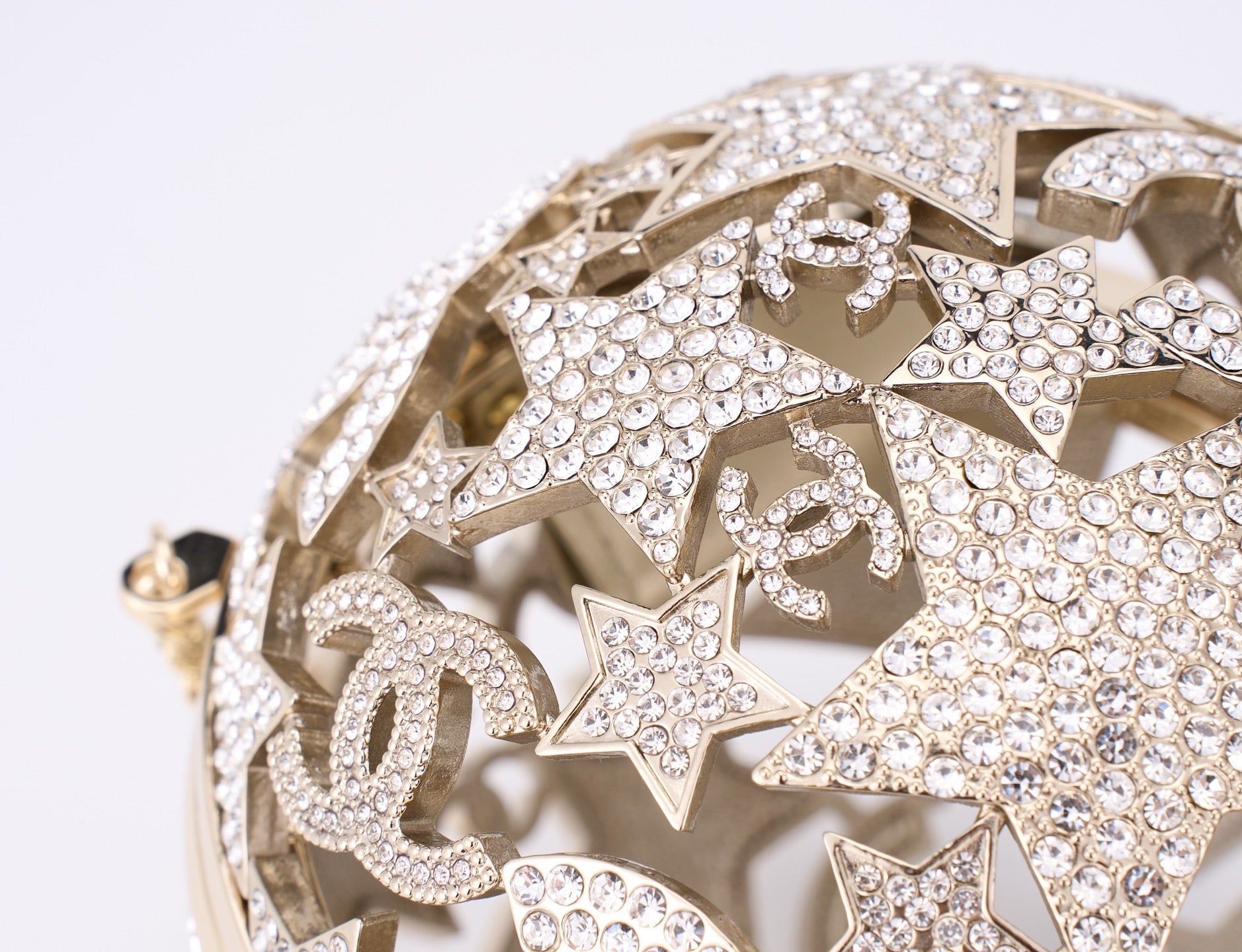 CHANEL - Gold Metal Strass Crystal Sphere Minaudiere Clutch Gold Hardware, 2025