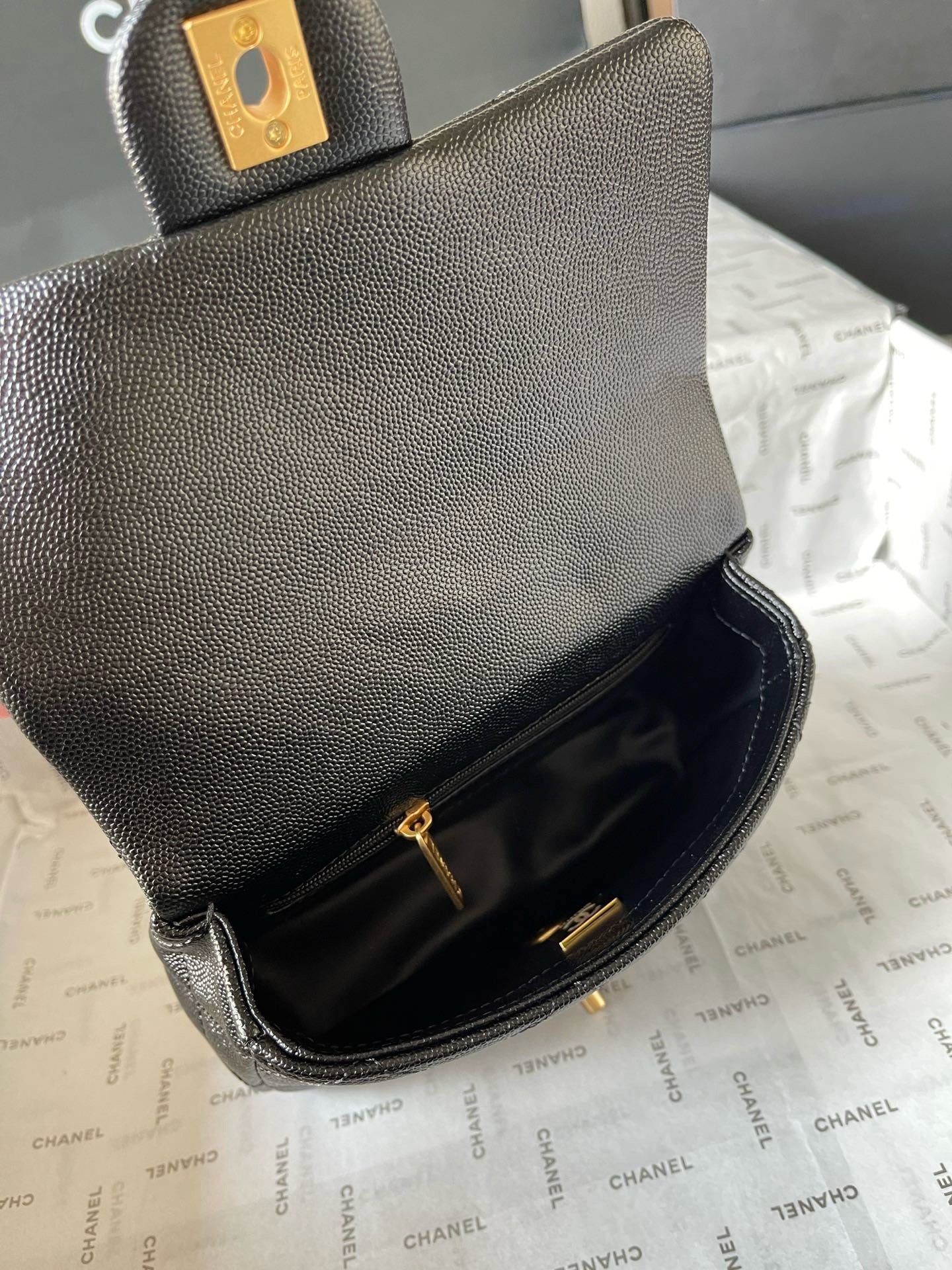 CHANE - Caviar Quilted mini Sweetheart Rectangular Flap Black