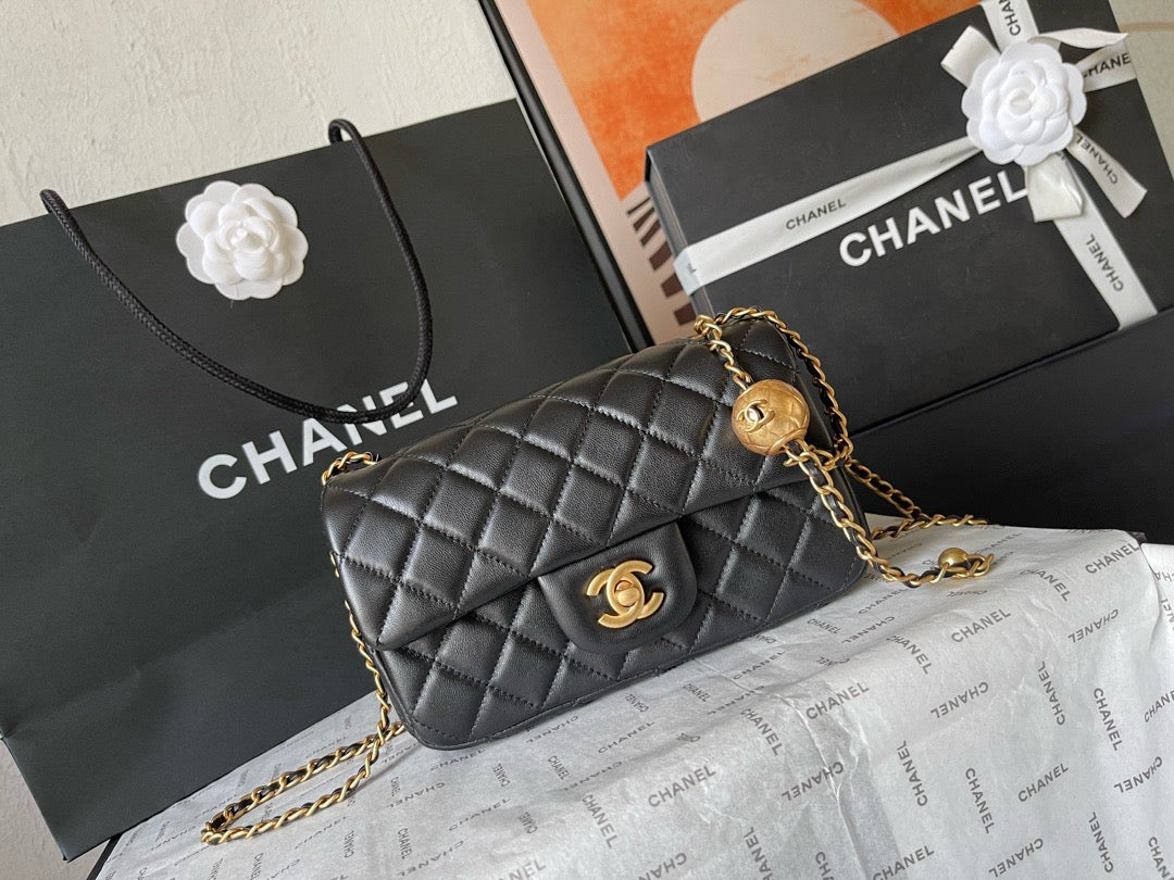 CHANEL - 24K Black Lambskin Pearl Crush Rectangular Classic Flap
