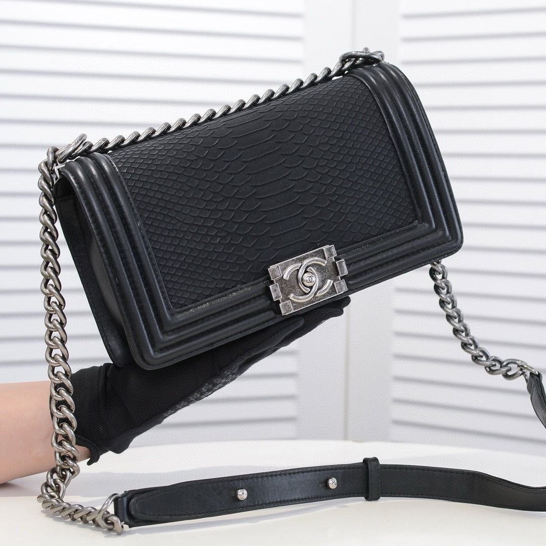 CHANEL - Exotics Small Boy Bag Black Python Molurus Leather