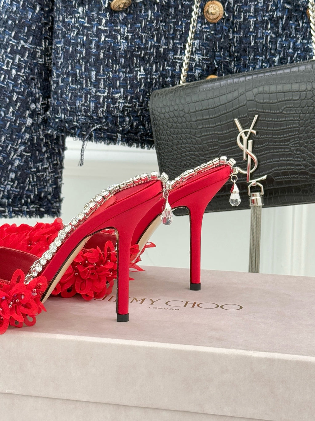 JIMMY CHOO - Mesh Pumps with Petal Embroidery and Crystal Chain