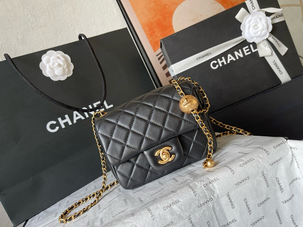 CHANE - 24K Black Lambskin Pearl Crush Rectangular Mini Classic Flap