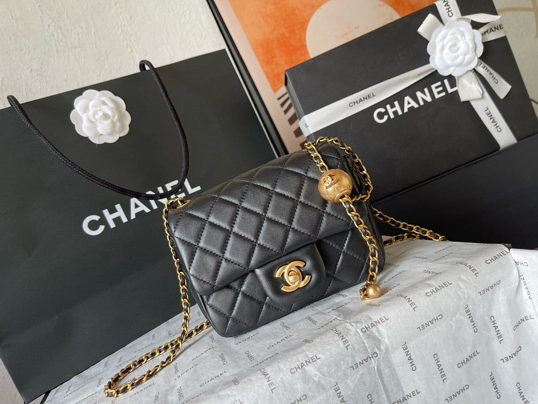 CHANE - 24K Black Lambskin Pearl Crush Rectangular Mini Classic Flap