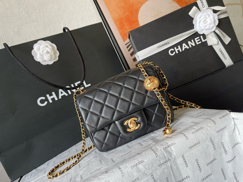 CHANE - 24K Black Lambskin Pearl Crush Rectangular Mini Classic Flap