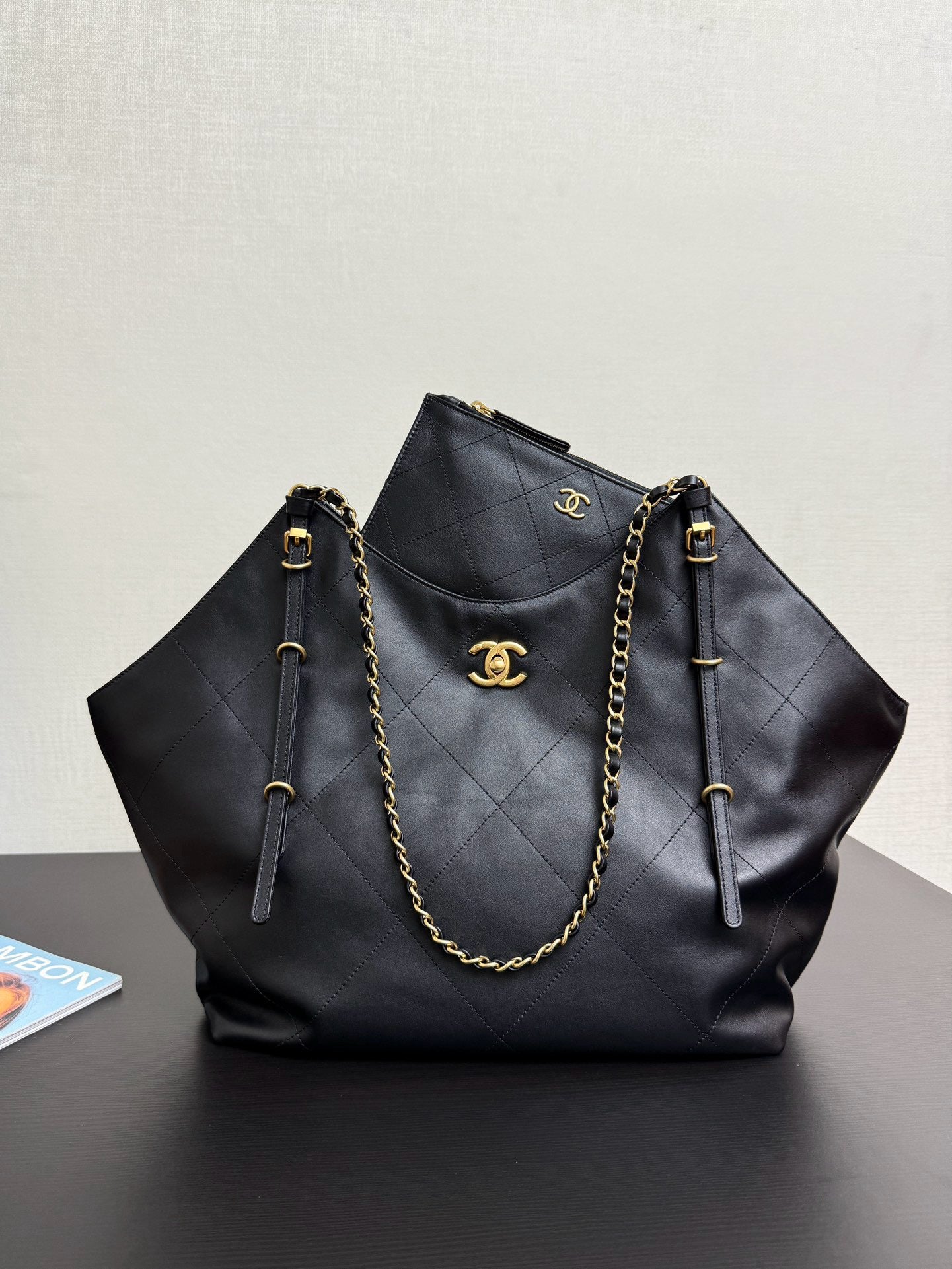 CHANEL - Shopping Bag Black Calfskin Antique Gold Hardware
