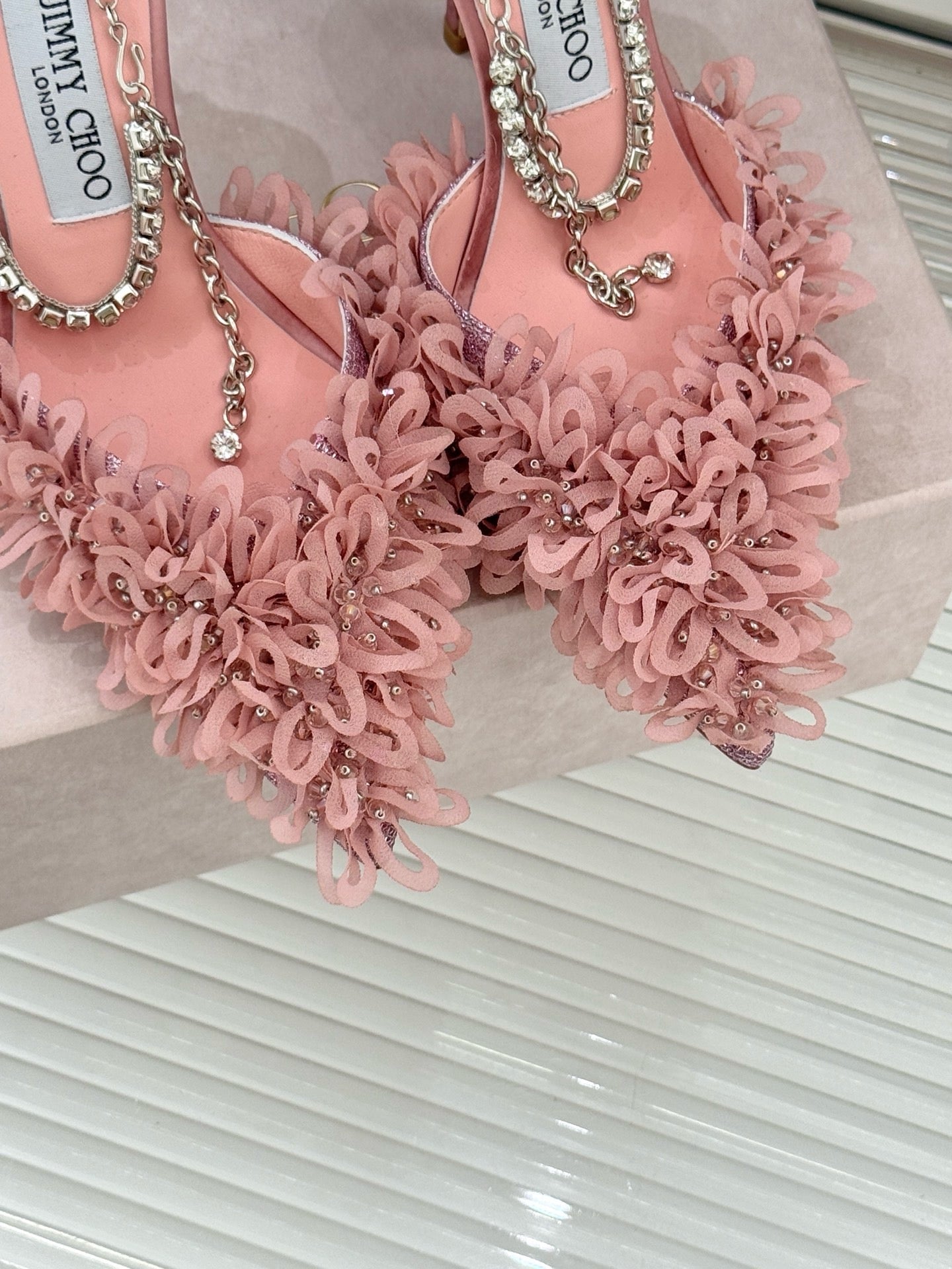 JIMMY CHOO - Mesh Pumps with Petal Embroidery and Crystal Chain