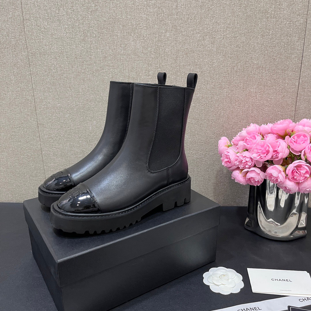 CHANEL - Crumpled Calfskin Patent Cap Toe Short Boots