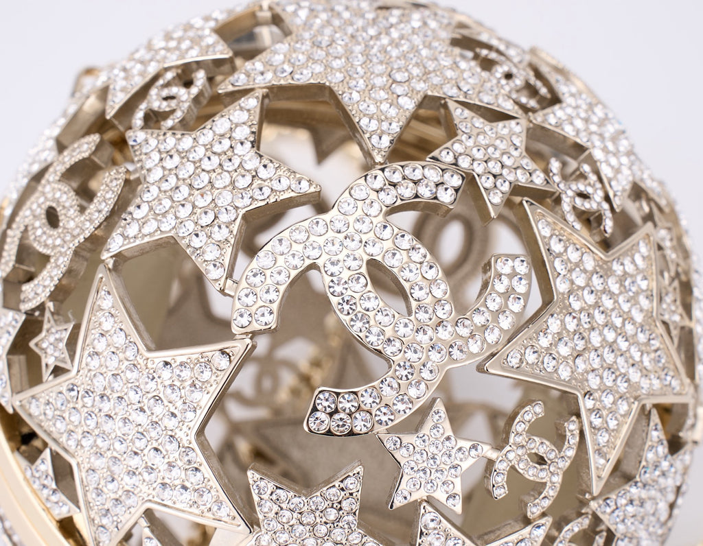 CHANEL - Gold Metal Strass Crystal Sphere Minaudiere Clutch Gold Hardware, 2025