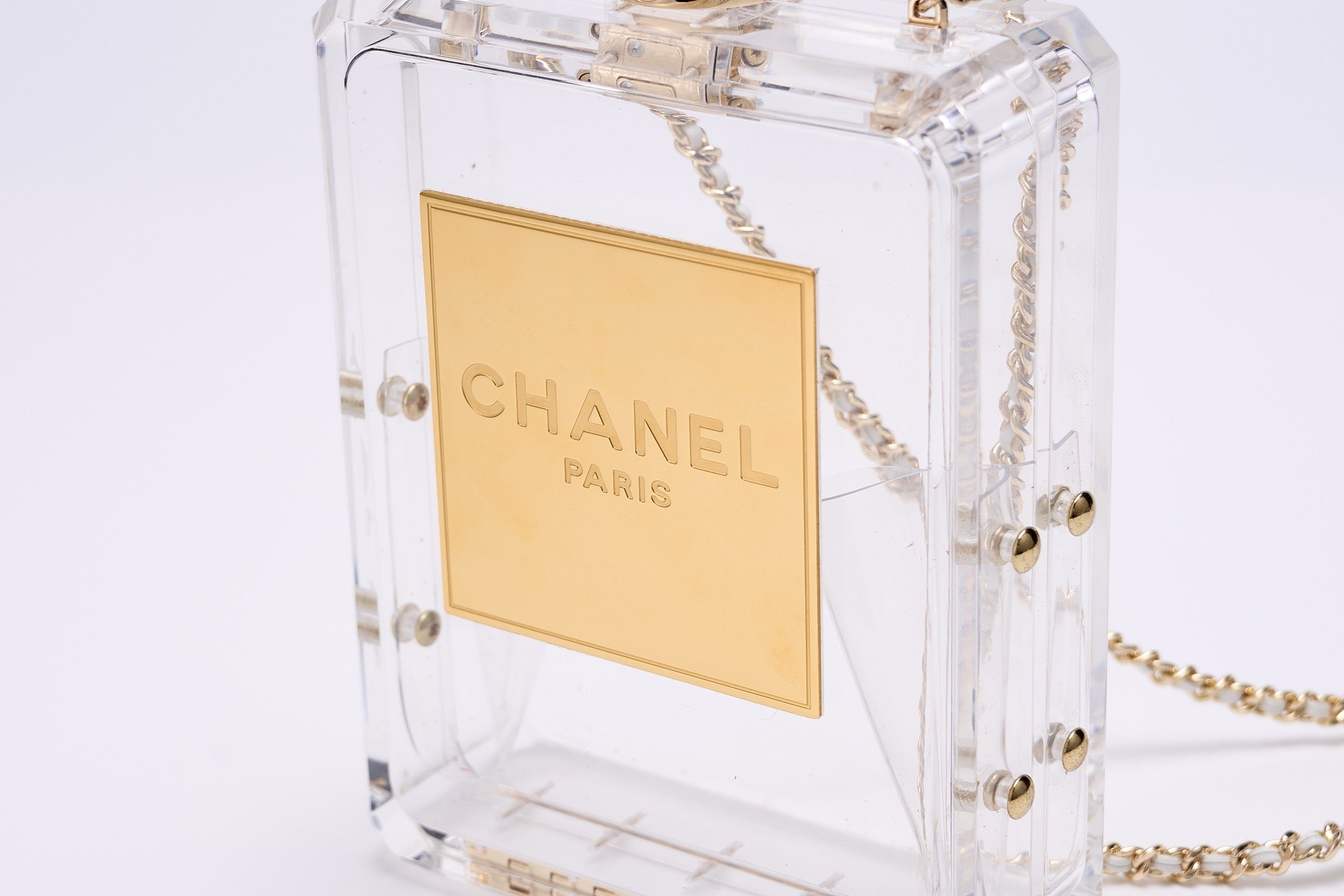 CHANEL - Chanel Clear/Gold Plexiglass Perfume Bottle Evening Bag
