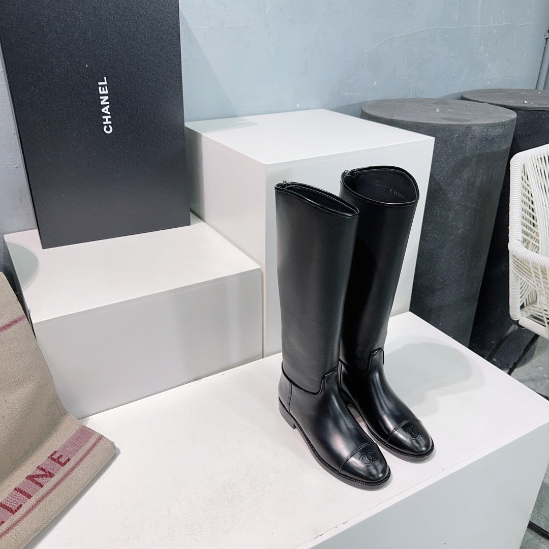CHANEL - Chanel Calfskin Cap Toe CC Riding Boots