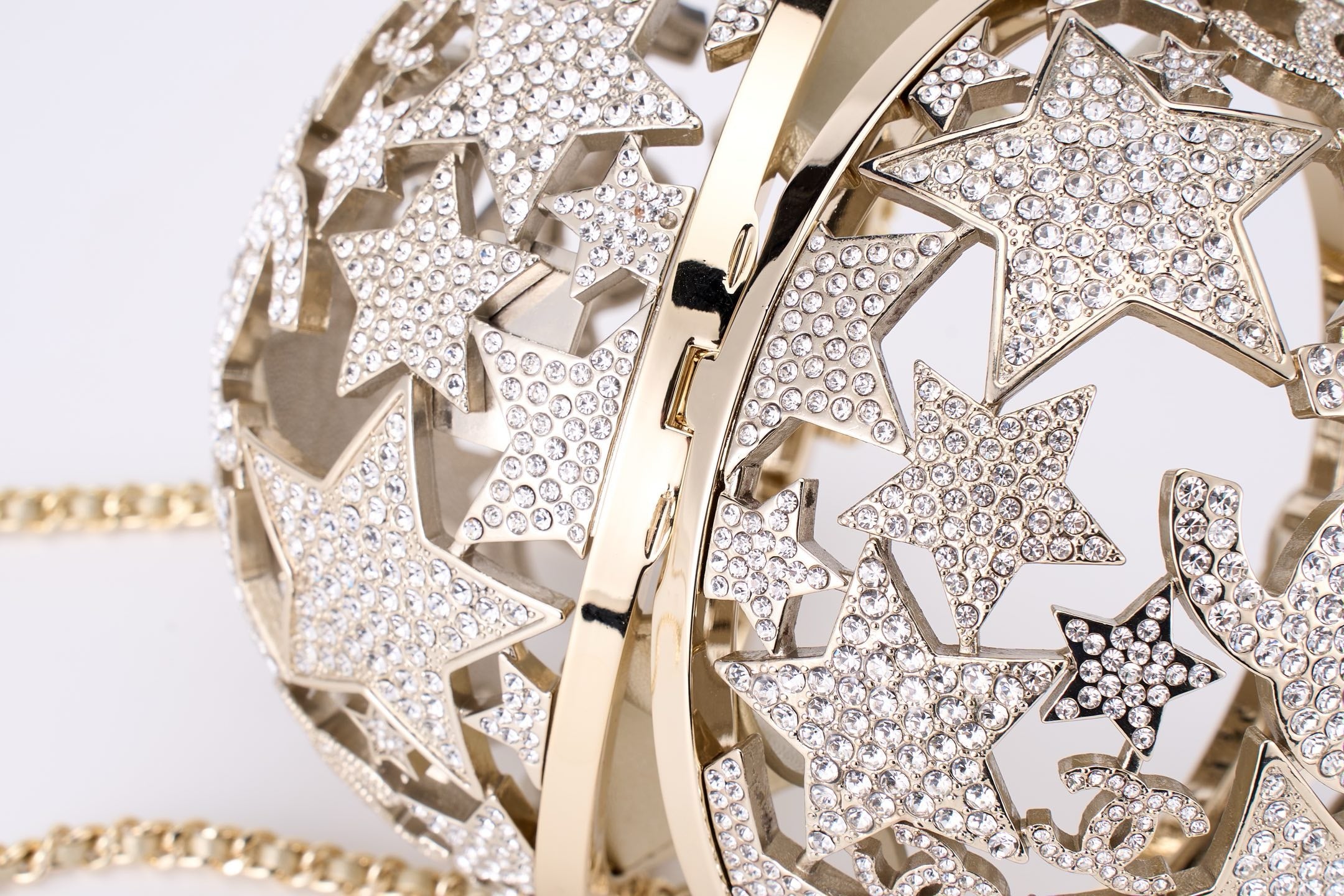 CHANEL - Gold Metal Strass Crystal Sphere Minaudiere Clutch Gold Hardware, 2025