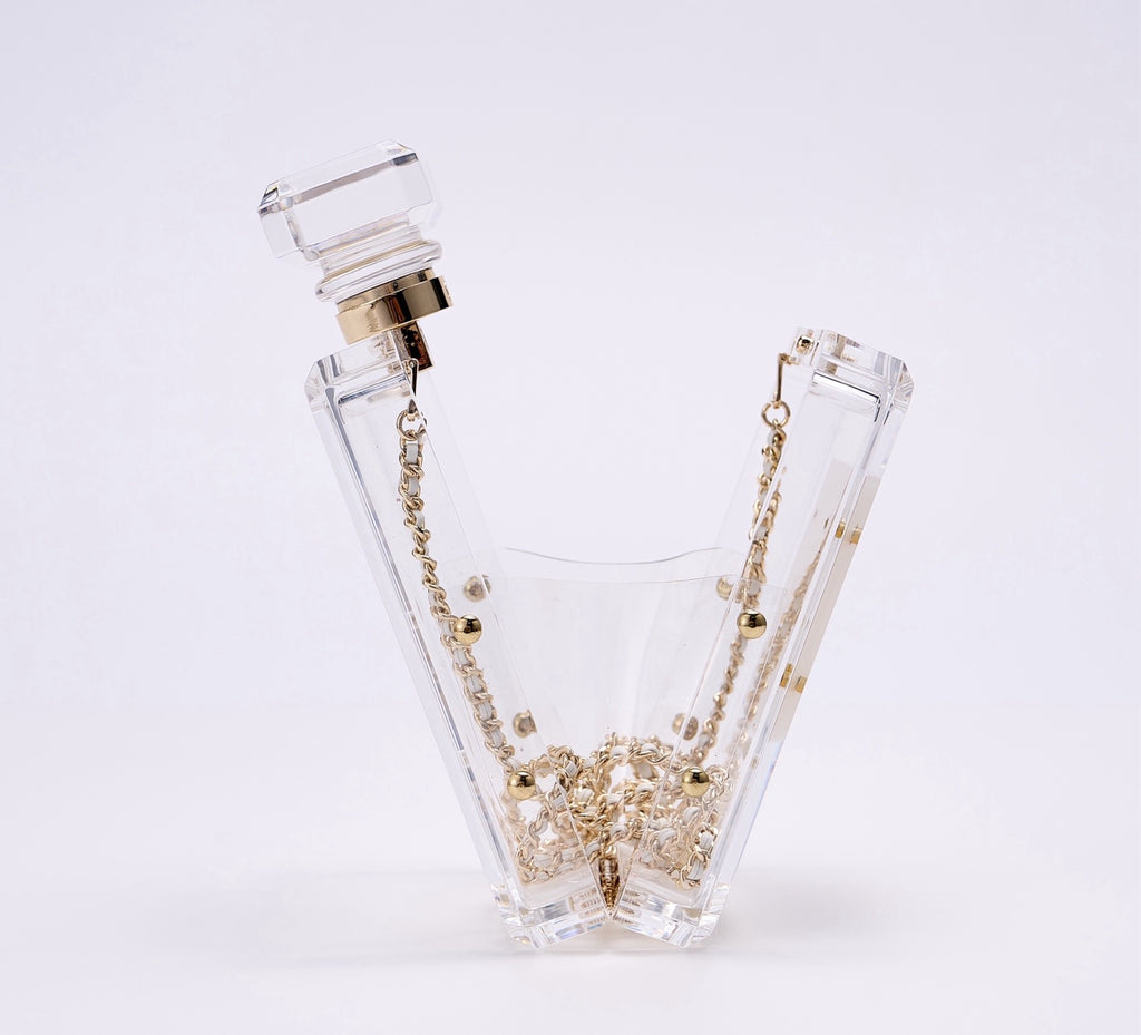 CHANEL - Chanel Clear/Gold Plexiglass Perfume Bottle Evening Bag