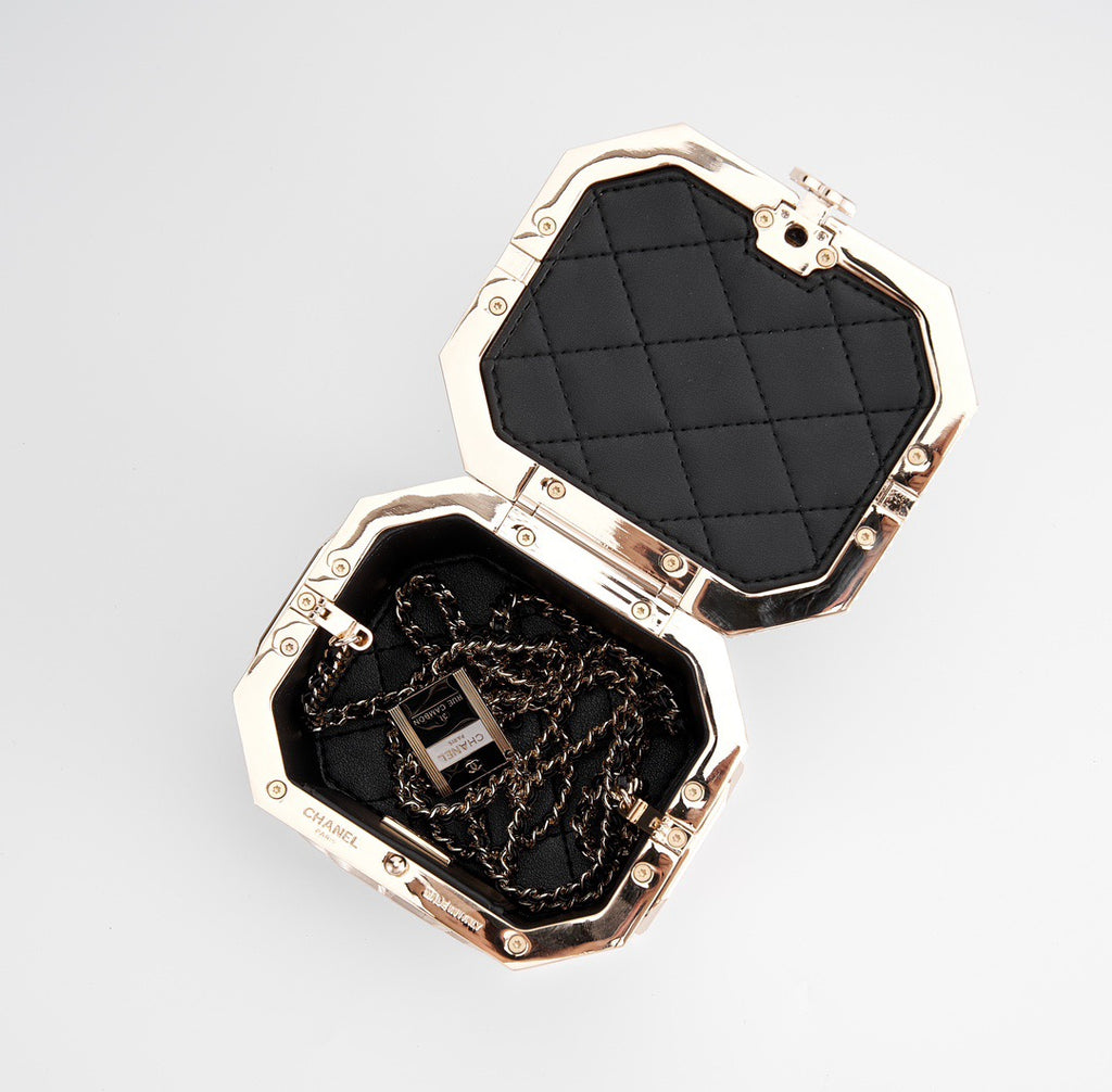 CHANEL - Limited Edition Black Quilted Resin Tea Box Minaudiere Imitation Pearl and Gold Hardware, 2024