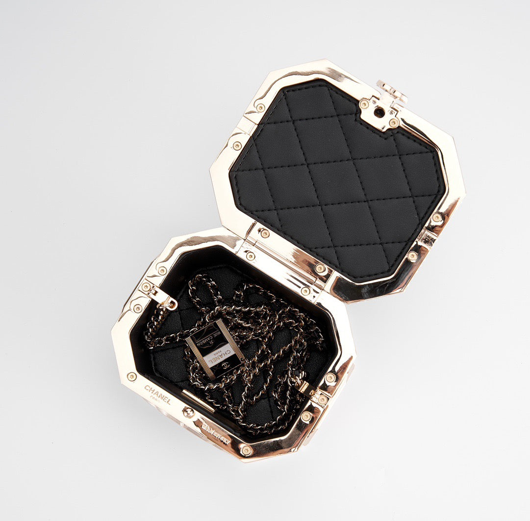 CHANEL - Limited Edition Black Quilted Resin Tea Box Minaudiere Imitation Pearl and Gold Hardware, 2024