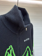 GUCCI  - Men's Black Wool Jacquard Zip Jacket With Intarsia