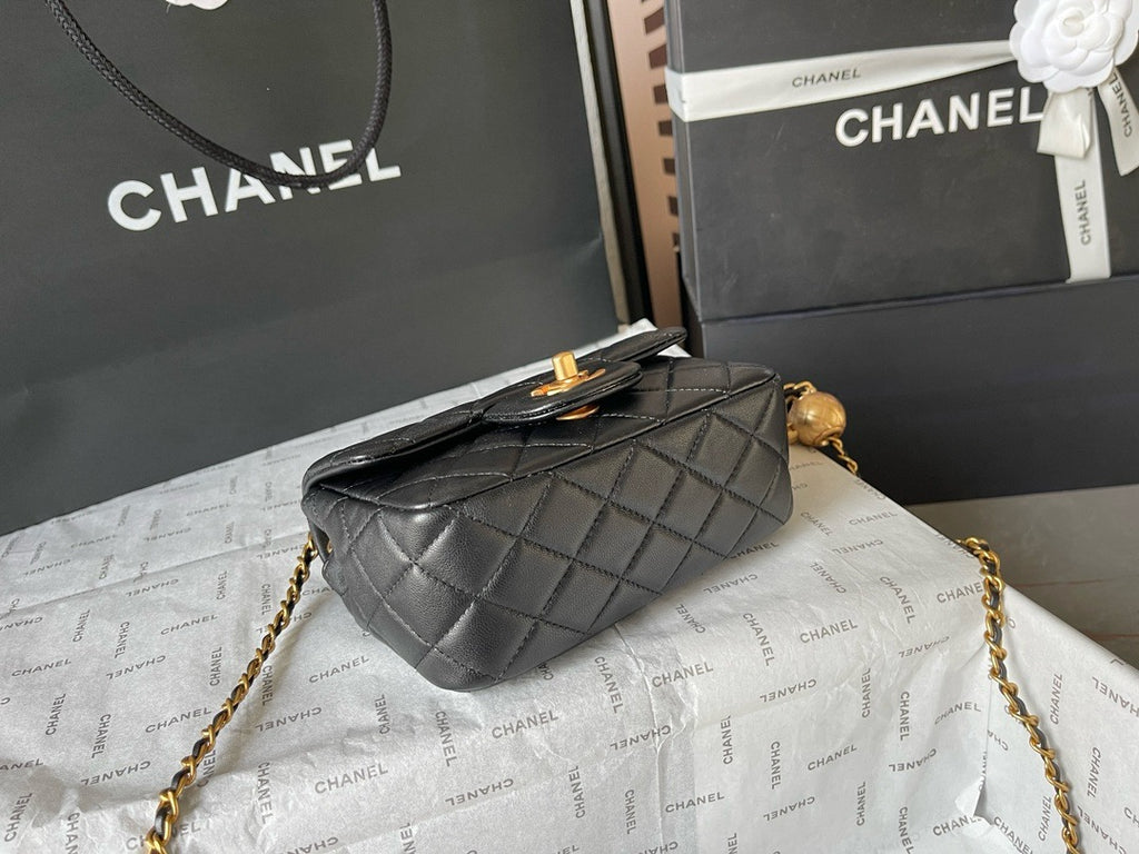 CHANE - 24K Black Lambskin Pearl Crush Rectangular Mini Classic Flap