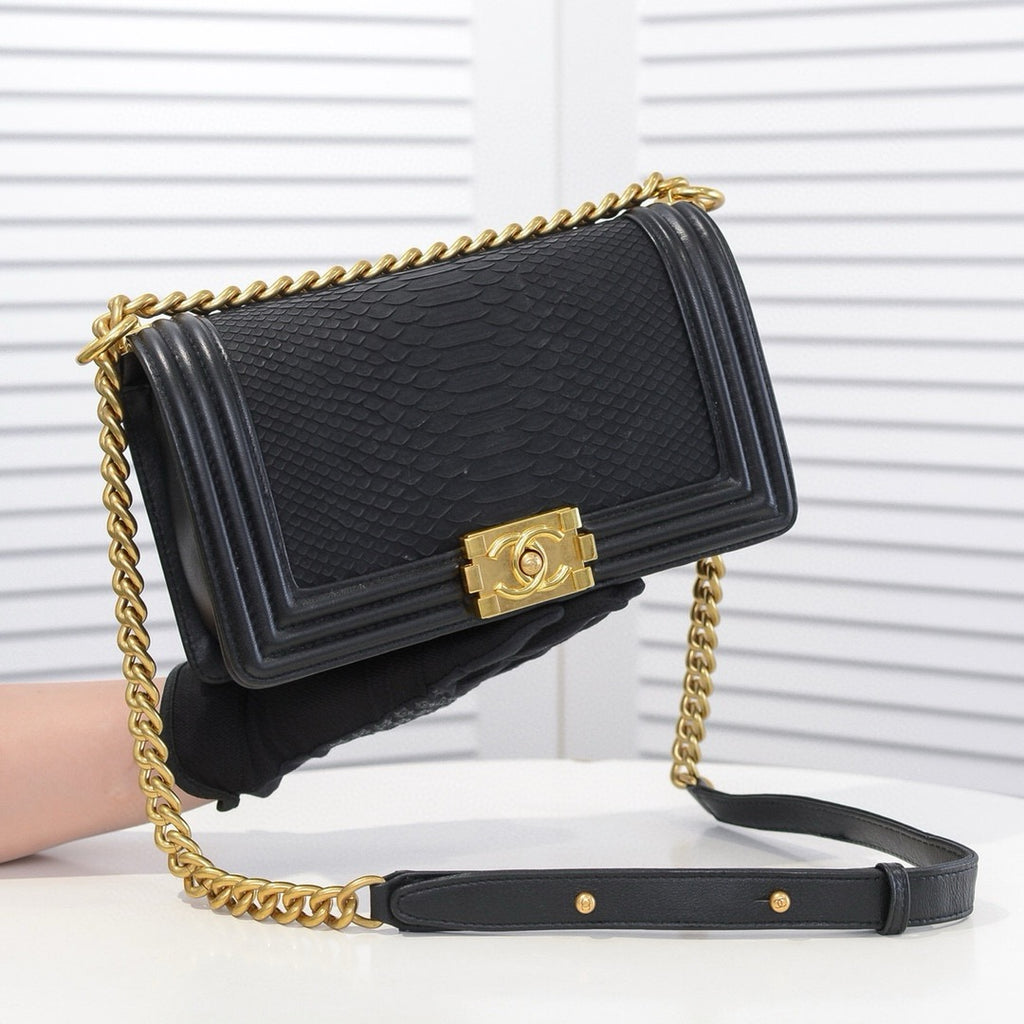CHANEL - Exotics Small Boy Bag Black Python Molurus Leather