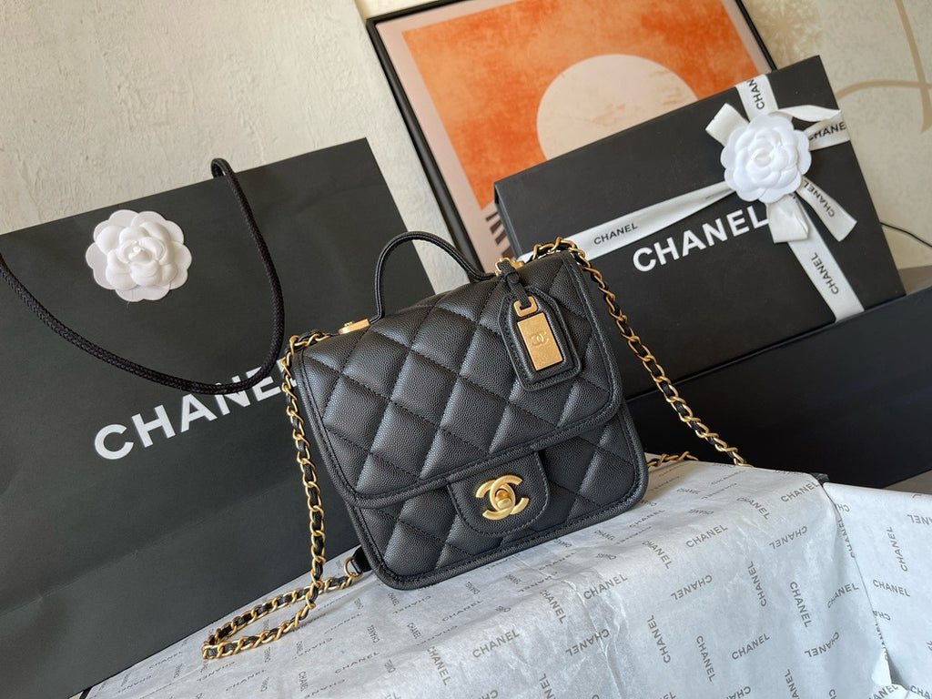 CHANE - School Memory Top Handle Flap Bag Quilted Caviar Small