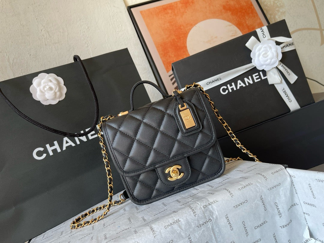 CHANE - School Memory Top Handle Flap Bag Quilted Caviar Small