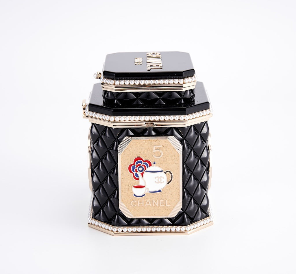 CHANEL - Limited Edition Black Quilted Resin Tea Box Minaudiere Imitation Pearl and Gold Hardware, 2024