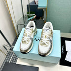 CHANEL - Fabric Laminated Calfskin Stretch CC Sneakers 38 White Gold Silver