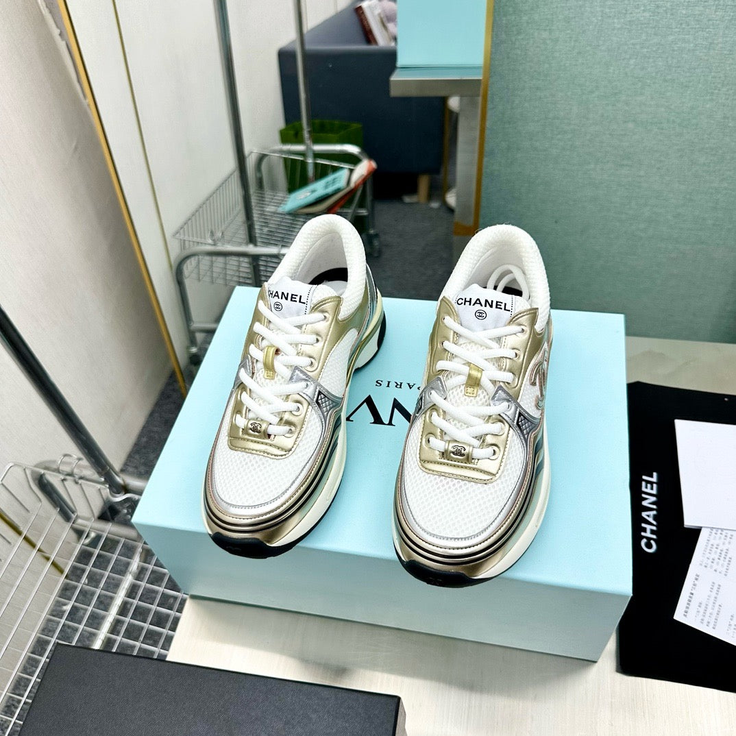 CHANEL - Fabric Laminated Calfskin Stretch CC Sneakers 38 White Gold Silver
