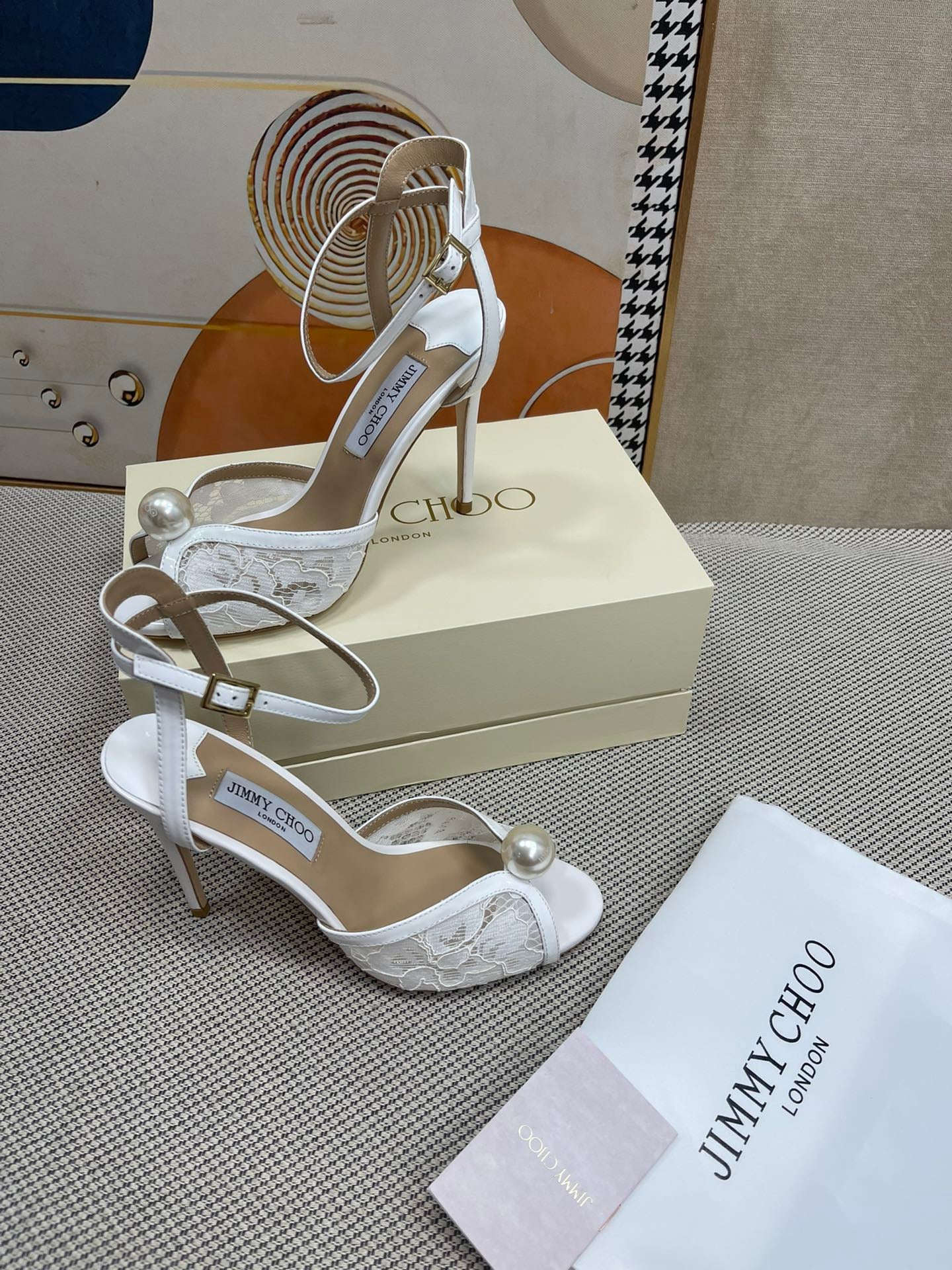 JIMMY CHOO - Ivory Floral Lace Sandals with Pearl