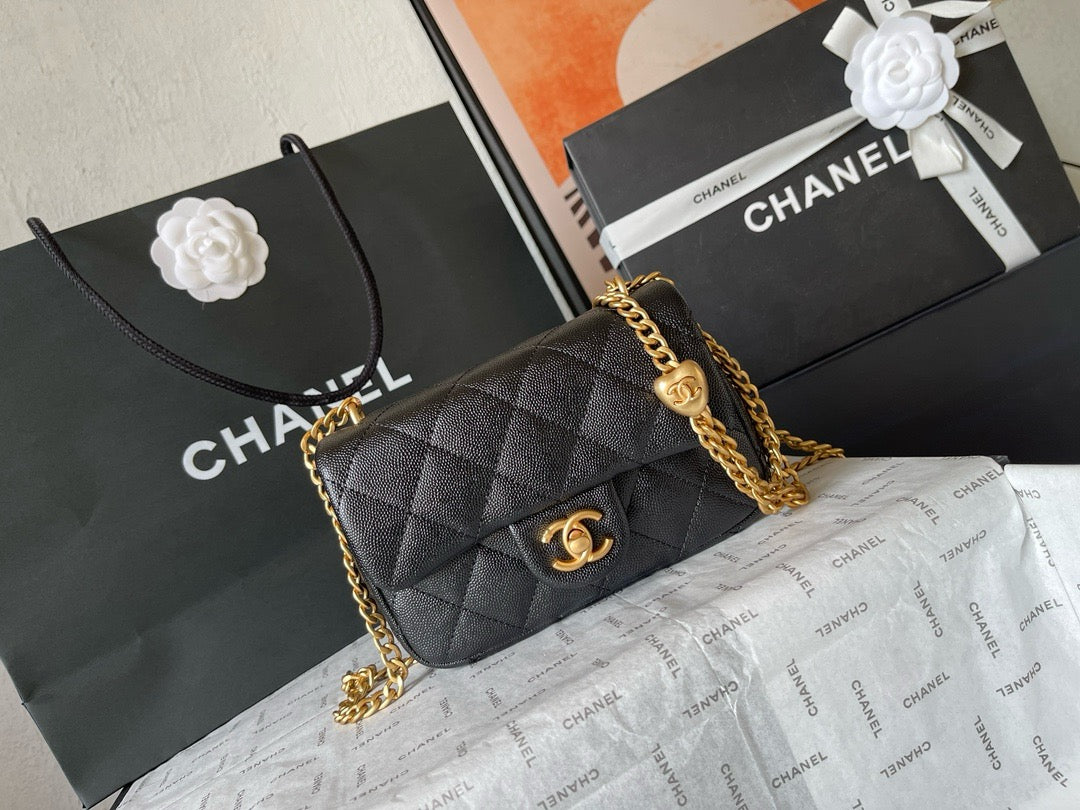 CHANE - Caviar Quilted Sweetheart Rectangular Flap Black