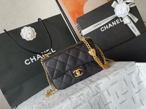 CHANE - Caviar Quilted Sweetheart Rectangular Flap Black